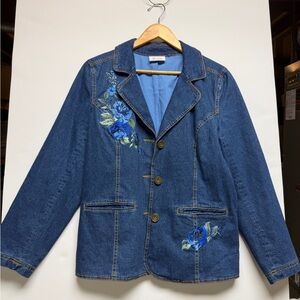 Denim&Co Vintage Denim Blazer Jacket with Floral Embroidery, L